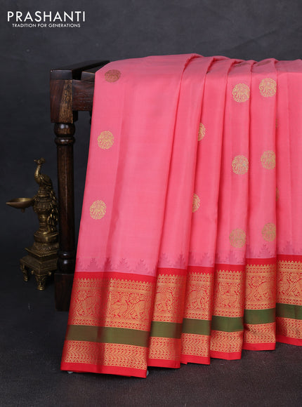Pure gadwal silk saree peach pink and red with allover zari woven buttas and temple design zari woven border