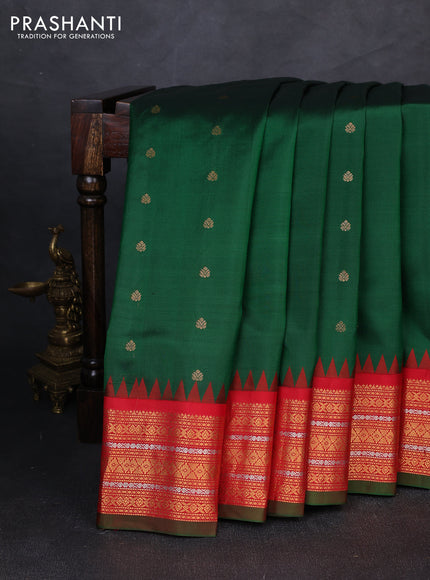 Pure gadwal silk saree green and red with allover zari woven buttas and temple design zari woven border