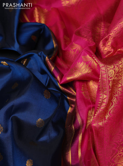 Pure gadwal silk saree peacock blue and pink with allover zari woven buttas and temple design zari woven border