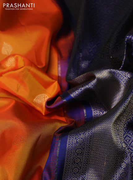Pure gadwal silk saree orange and blue with allover zari woven buttas and temple design zari woven border