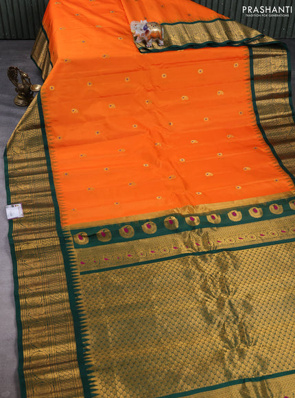 Pure gadwal silk saree orange and bottle green with allover thread & zari woven buttas and temple design zari woven border