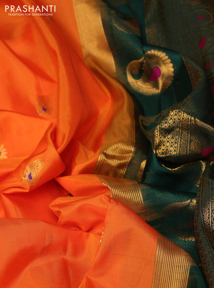 Pure gadwal silk saree orange and bottle green with allover thread & zari woven buttas and temple design zari woven border