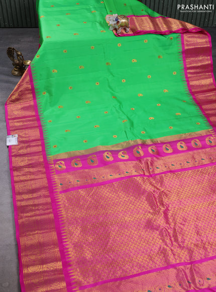 Pure gadwal silk saree light green and pink with allover thread & zari woven buttas and temple design zari woven border