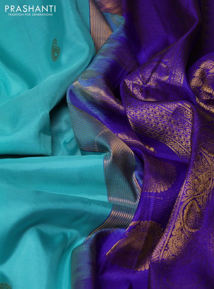 Pure gadwal silk saree teal blue and royal blue with allover zari woven buttas and temple design zari woven border