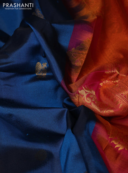 Pure gadwal silk saree peacock blue and orange with allover zari woven buttas and temple design zari woven border