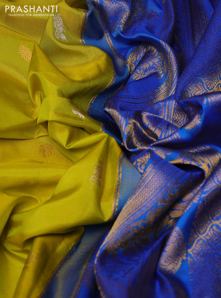 Pure gadwal silk saree lime green and cs blue with allover zari woven buttas and zari woven korvai border