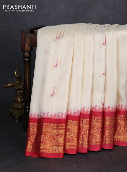 Pure gadwal silk saree cream and maroon with allover zari weaves & muniya buttas and temple design zari woven border