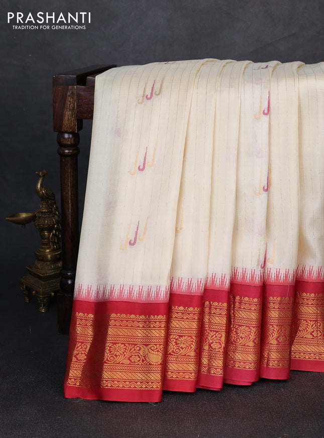 Pure gadwal silk saree cream and maroon with allover zari weaves & muniya buttas and temple design zari woven border