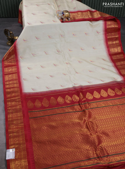 Pure gadwal silk saree cream and maroon with allover zari weaves & muniya buttas and temple design zari woven border