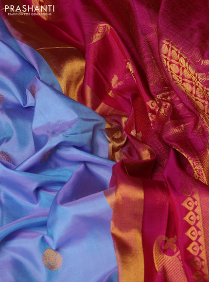 Pure gadwal silk saree pastel blue and pink with allover zari woven buttas and temple design zari woven border