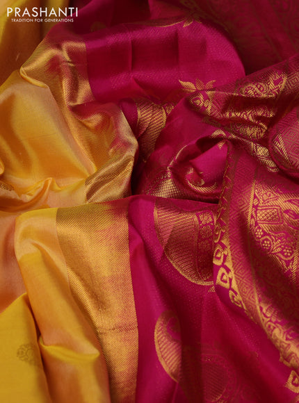 Pure gadwal silk saree yellow and pink with allover zari woven buttas and temple design zari woven border
