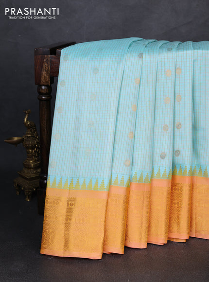 Pure gadwal silk saree pastel blue and peach orange with allover checks & buttas and temple design zari woven border