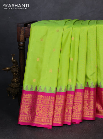 Pure gadwal silk saree light green and pink with allover zari woven buttas and temple design zari woven border