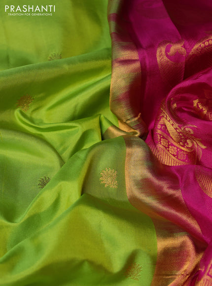 Pure gadwal silk saree light green and pink with allover zari woven buttas and temple design zari woven border