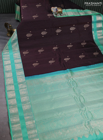 Pure gadwal silk saree coffee brown and teal green with allover copper zari weaves & buttas and rettapet zari woven border