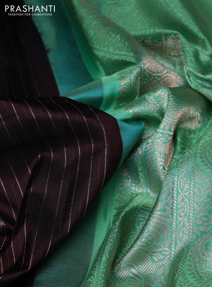 Pure gadwal silk saree coffee brown and teal green with allover copper zari weaves & buttas and rettapet zari woven border