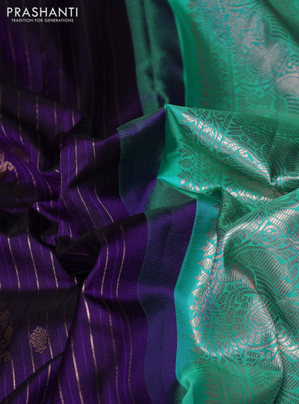 Pure gadwal silk saree violet and teal blue with allover copper zari weaves & buttas and rettapet zari woven border