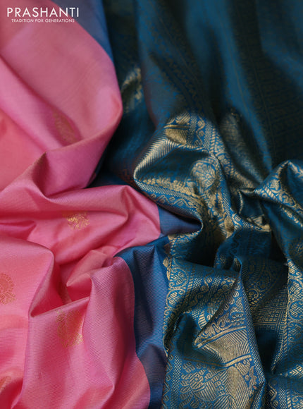 Pure gadwal silk saree light pink and cs blue with allover zari woven buttas and temple design zari woven border