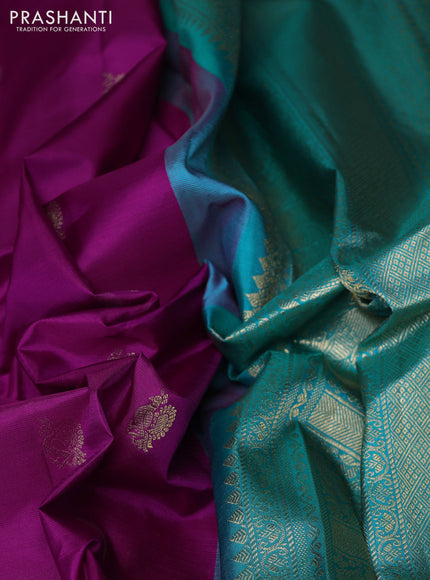 Pure gadwal silk saree magenta pink and teal blue with allover zari woven buttas and temple design zari woven border