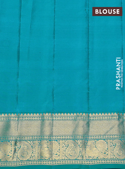 Pure gadwal silk saree magenta pink and teal blue with allover zari woven buttas and temple design zari woven border