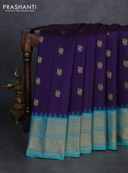 Pure gadwal silk saree violet and teal green with allover annam zari woven buttas and temple design zari woven border