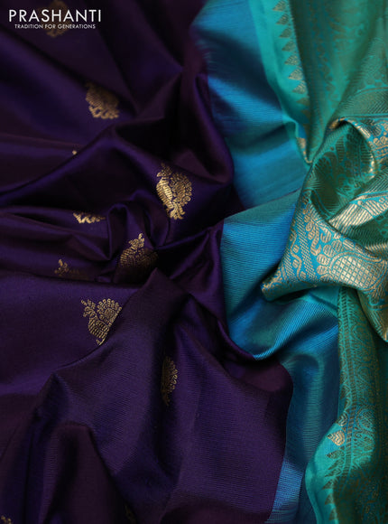 Pure gadwal silk saree violet and teal green with allover annam zari woven buttas and temple design zari woven border