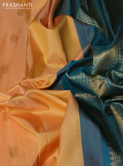 Pure gadwal silk saree sandal and peacock blue with allover zari woven buttas and temple design zari woven border