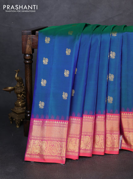 Pure gadwal silk saree peacock green and dual shade of pink with allover zari woven buttas and temple design zari woven border