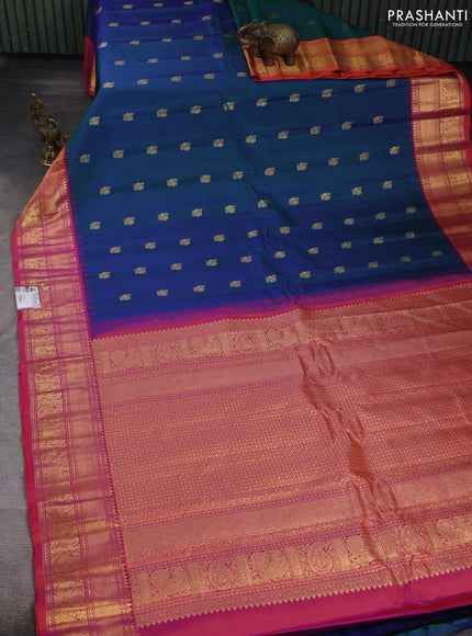 Pure gadwal silk saree peacock green and dual shade of pink with allover zari woven buttas and temple design zari woven border