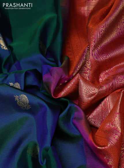 Pure gadwal silk saree peacock green and dual shade of pink with allover zari woven buttas and temple design zari woven border