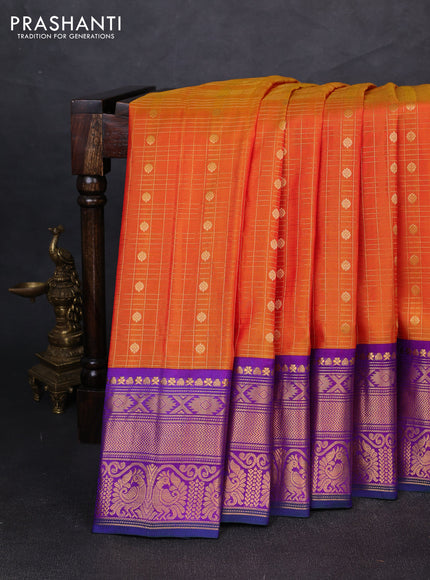 Pure gadwal silk saree sunset orange and violet with allover zari woven buttas and zari woven korvai border