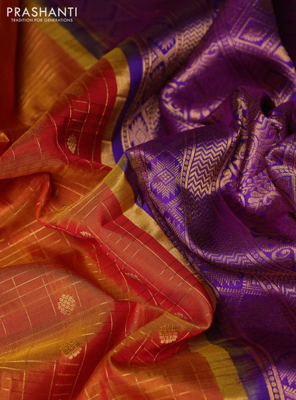 Pure gadwal silk saree sunset orange and violet with allover zari woven buttas and zari woven korvai border