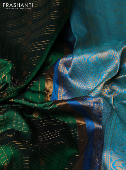 Pure gadwal silk saree green and teal blue with allover zari checks & buttas and zari woven korvai border
