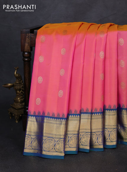 Pure gadwal silk saree pink shade and green with allover zari woven buttas and temple design zari woven border
