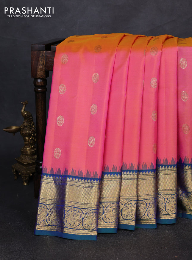 Pure gadwal silk saree pink shade and green with allover zari woven buttas and temple design zari woven border