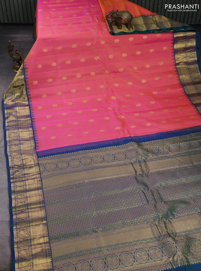 Pure gadwal silk saree pink shade and green with allover zari woven buttas and temple design zari woven border