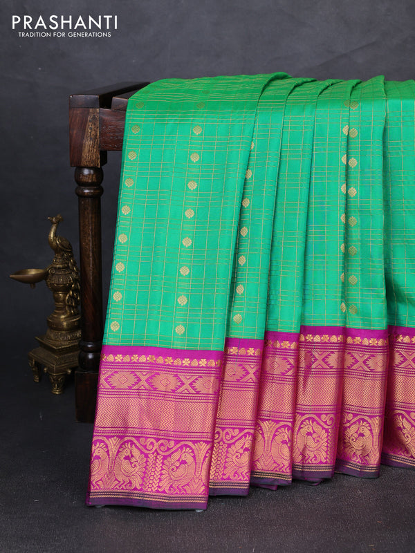 Pure gadwal silk saree light green and pink with allover zari checks & buttas and zari woven korvai border