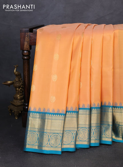 Pure gadwal silk saree yellow and teal blue with allover zarii woven buttas and temple design zari woven border