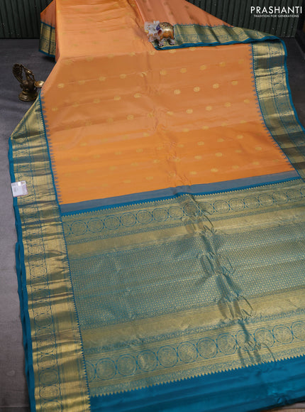 Pure gadwal silk saree yellow and teal blue with allover zarii woven buttas and temple design zari woven border