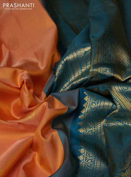 Pure gadwal silk saree yellow and teal blue with allover zarii woven buttas and temple design zari woven border