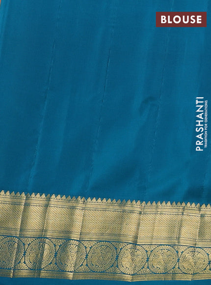 Pure gadwal silk saree yellow and teal blue with allover zarii woven buttas and temple design zari woven border