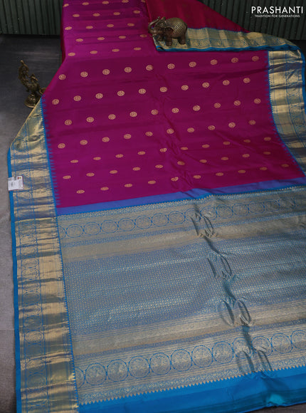 Pure gadwal silk saree pink and cs blue with allover zarii woven buttas and temple design zari woven border
