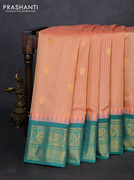 Pure gadwal silk saree peach shade and green with allover checks & zari woven buttas and temple design zari woven border