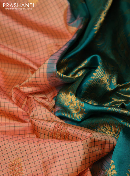 Pure gadwal silk saree peach shade and green with allover checks & zari woven buttas and temple design zari woven border