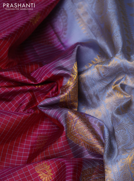 Pure gadwal silk saree magenta pink and pastel blue with allover checks & zari woven buttas and temple design zari woven border