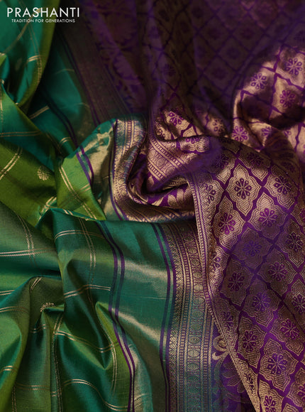 Pure gadwal silk saree green and purple with allover zari checks & buttas and temple design zari woven border