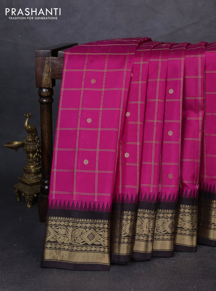 Pure gadwal silk saree pink and coffee brown with allover zari checks & buttas and temple design zari woven border