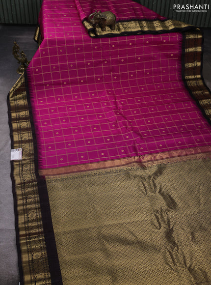 Pure gadwal silk saree pink and coffee brown with allover zari checks & buttas and temple design zari woven border