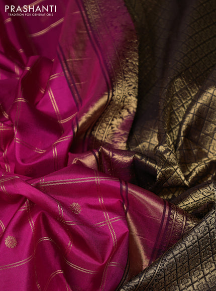 Pure gadwal silk saree pink and coffee brown with allover zari checks & buttas and temple design zari woven border