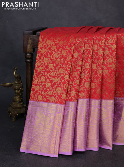 Kanchipuram silk saree red and lavender with allover zari woven brocade weaves and long zari woven border